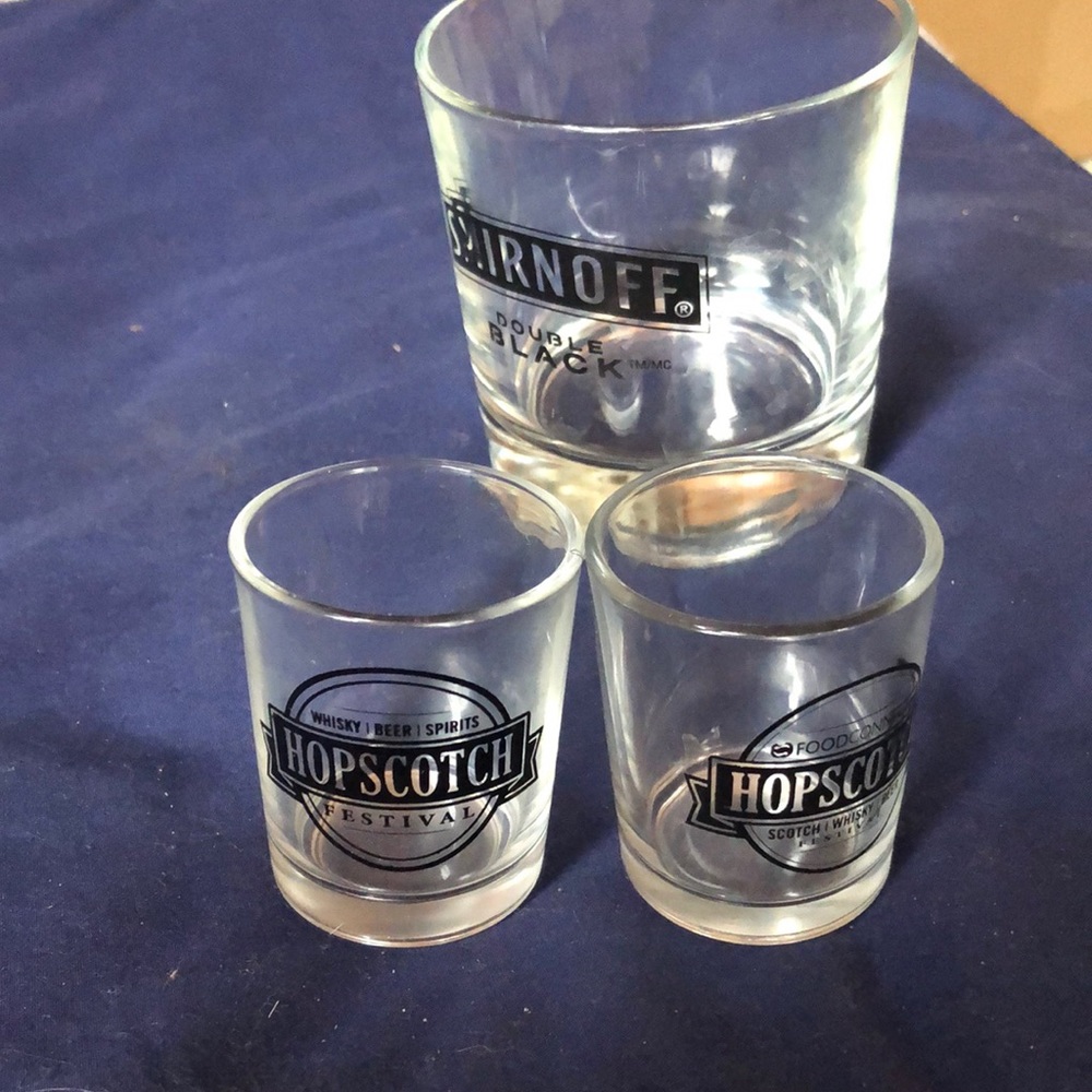 Smirnoff Double Black and 2 Hopscotch whisky glasses